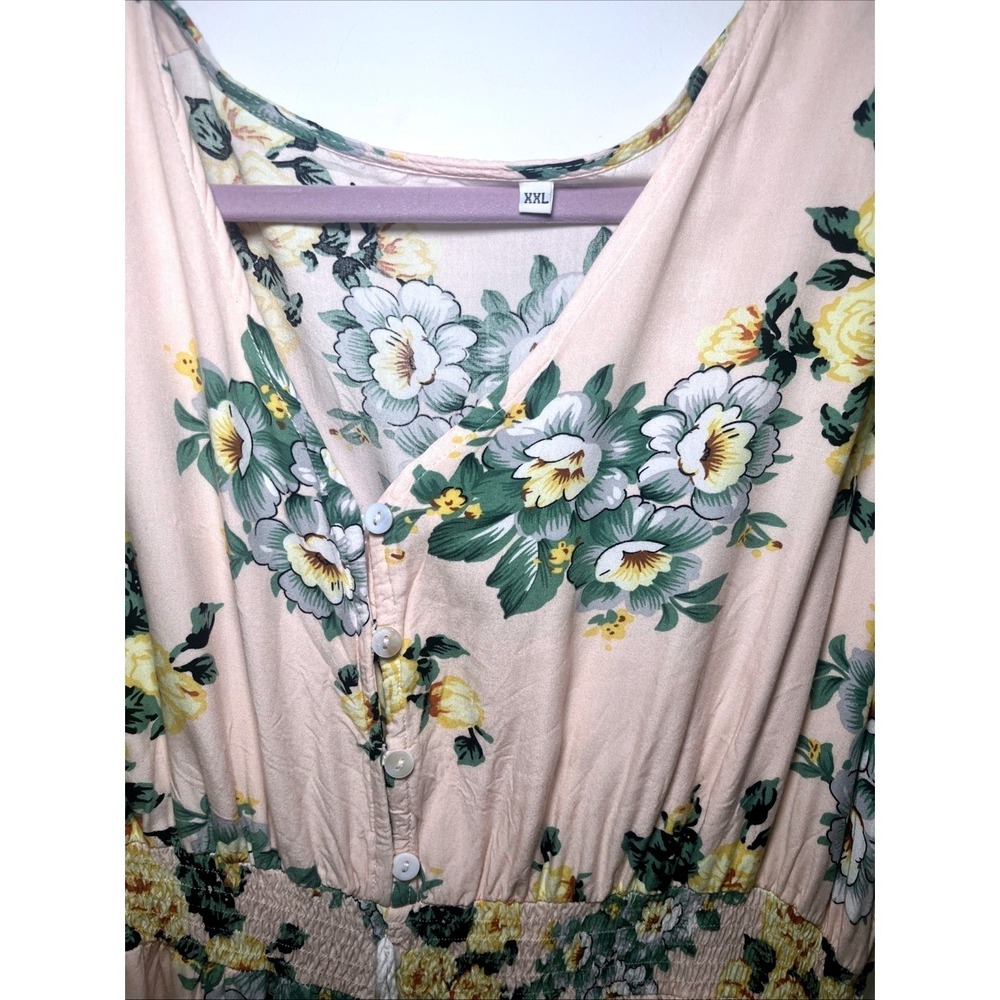 Womens XXL Floral Midi Dress Pink Yellow Cottagecore Smocked Waist Romantic - Picture 6 of 10